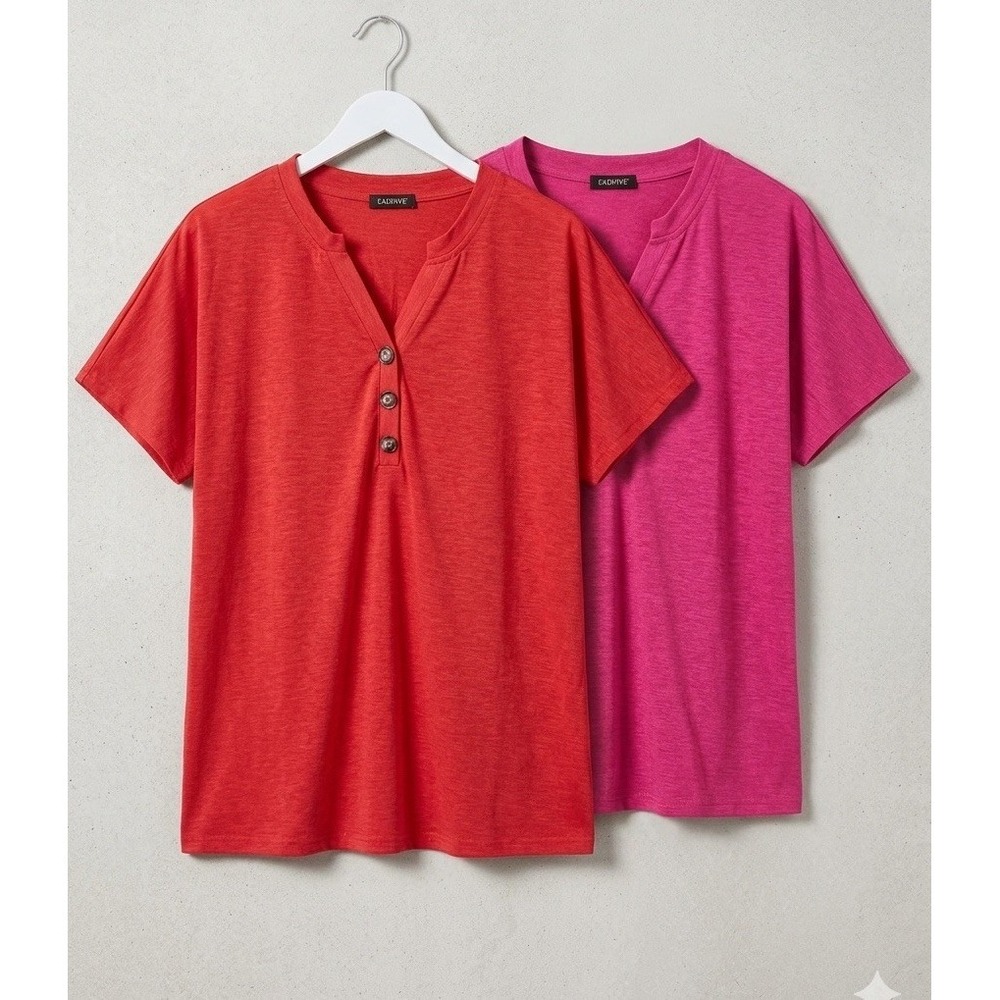 Bundle (2)  EADINVE Henley Women's Tops XXL Plus Size Pink Red V Neck‎ Casual